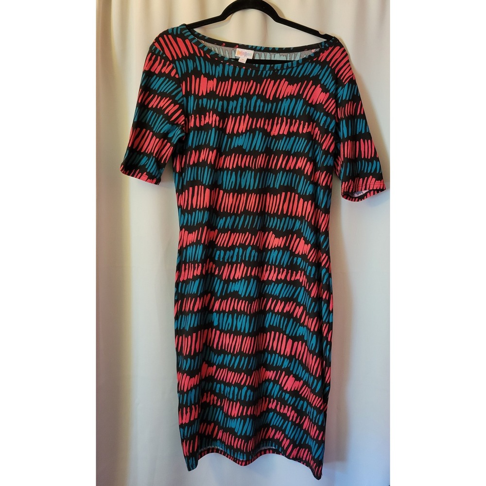 LuLaRoe Julia Dress Medium Teal Deep Coral Abstract Stripe 3/4 Sleeve Sheath